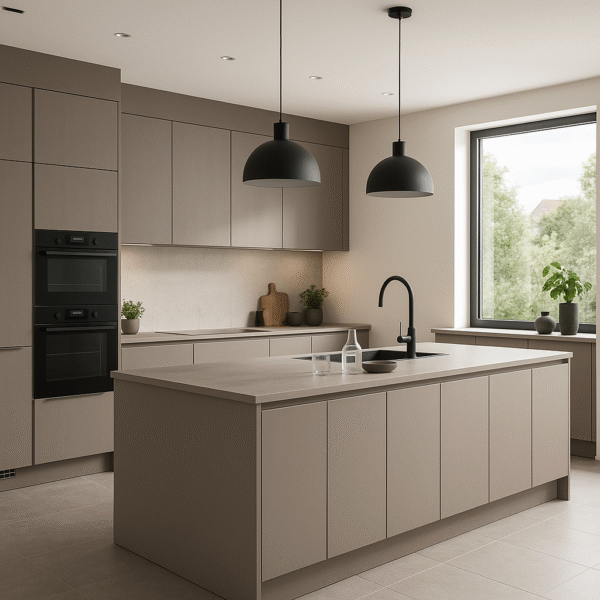 Moderner Küchenraum mit maßgefertigter Kücheninsel in der Dekorfarbe K538 Dovetail Arosa; die Fronten sind in einem warmen, taupefarbenen Holzton gehalten, mit grifflosen Schränken, schwarzem Wasserhahn und großen Hängelampen über der Insel. Ein großes Fenster lässt Tageslicht herein und betont das klare, minimalistische Design.