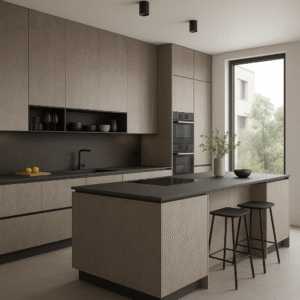 Moderne Küche mit Kücheninsel in Dekorfarbe K539 Fossil Arosa. Die grifflose Einbauküche zeigt matte Fronten in warmem Steingrau mit feiner Struktur. Die zentrale Insel besitzt eine dunkle Arbeitsplatte und zwei schwarze Barhocker. Großes Fenster lässt Tageslicht herein, minimalistische Hängeschränke und offene Regale ergänzen das Design.
