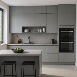 Moderne, maßgefertigte Küche im Jahr 2025 mit matten Fronten in der Dekorfarbe K540 Grey Albus, grifflosen Schränken, schwarzem Wasserhahn, integriertem Backofen und Kochinsel mit zwei Hockern – minimalistisch gestaltet und von Tageslicht durch ein großes Fenster erhellt.