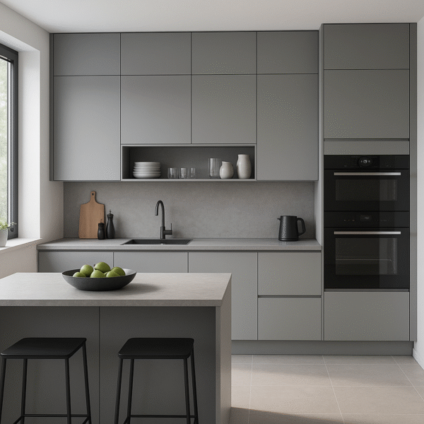 Moderne, maßgefertigte Küche im Jahr 2025 mit matten Fronten in der Dekorfarbe K540 Grey Albus, grifflosen Schränken, schwarzem Wasserhahn, integriertem Backofen und Kochinsel mit zwei Hockern – minimalistisch gestaltet und von Tageslicht durch ein großes Fenster erhellt.