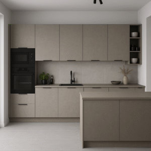 Moderne Einbauküche nach Maß im Jahr 2025 mit matten Fronten in der Dekorfarbe K541 Greige Tessea, minimalistisches Design mit schwarzer Armatur, integrierten Elektrogeräten und einer Kücheninsel in identischem Farbton.