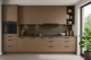 Moderne Einbauküche in der Dekorfarbe K542 Mocha Tessea mit matten Fronten, schwarzen Griffen, integriertem Backofen, dunkler Arbeitsplatte und großzügigem Fenster mit Blick ins Grüne