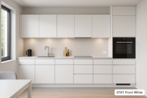 Moderne Einbauküche nach Maß im Dekor 0101 Front White mit grifflosen, weißen Hochglanzfronten, integriertem Backofen, flächenbündigem Kochfeld, Unterbau-Spüle und klarer Linienführung in minimalistischem Design.
