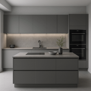 Moderne Einbauküche in der Dekorfarbe 0112 Stone Grey mit matten Fronten, grifflosen Schränken, zentraler Kücheninsel, integriertem Kochfeld, schwarzer Armatur und dezenter LED-Unterbaubeleuchtung – minimalistisch und elegant gestaltet.