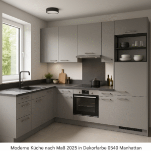 Moderne U-förmige Einbauküche in Dekorfarbe 0540 Manhattan Grey mit matten Fronten, schwarzer Arbeitsplatte, Einbauherd, Induktionskochfeld, Spüle vor dem Fenster und offenen Regalen – minimalistisches Design mit klaren Linien und edler Farbgebung.