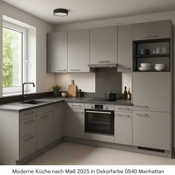 Moderne U-förmige Einbauküche in Dekorfarbe 0540 Manhattan Grey mit matten Fronten, schwarzer Arbeitsplatte, Einbauherd, Induktionskochfeld, Spüle vor dem Fenster und offenen Regalen – minimalistisches Design mit klaren Linien und edler Farbgebung.