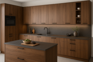 Moderne Einbauküche in Dekorfarbe 0729 Walnut mit grifflosen Fronten, dunkler Arbeitsplatte, Kücheninsel und stilvoll integrierten Geräten.