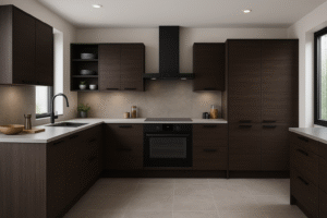Moderne Einbauküche in der Dekorfarbe 0854 Wenge mit dunklen Holzfronten, mattschwarzen Griffen, heller Stein-Arbeitsplatte, integriertem Backofen und großzügiger L-Form. Die Küche ist stilvoll beleuchtet und mit dezenten Accessoires wie Pflanzen und Keramikschalen dekoriert.