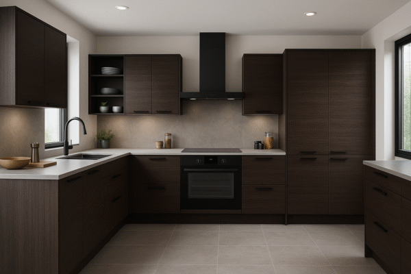 Moderne Einbauküche in der Dekorfarbe 0854 Wenge mit dunklen Holzfronten, mattschwarzen Griffen, heller Stein-Arbeitsplatte, integriertem Backofen und großzügiger L-Form. Die Küche ist stilvoll beleuchtet und mit dezenten Accessoires wie Pflanzen und Keramikschalen dekoriert.