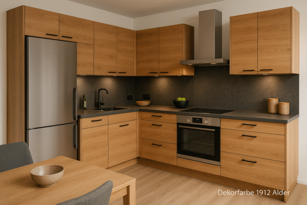 Moderne Einbauküche nach Maß in der Dekorfarbe 1912 Alder mit L-Form, grifflose Fronten in natürlicher Holzoptik, anthrazitfarbene Arbeitsplatte und Rückwand, sowie integrierten Elektrogeräten und hellen Designboden