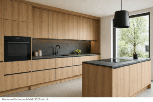 Moderne Küche nach Maß im Dekor 3025 Light Vintage Oak mit grifflosen Fronten, schwarzer Arbeitsplatte, integriertem Backofen und großem Fenster mit Blick ins Grüne