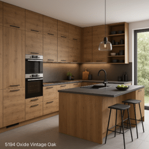Moderne maßgefertigte Küche in 5194 Oxide Vintage Oak mit grifflosem Design, Kochinsel, schwarzen Arbeitsplatten und eingebauten Geräten vor großer Fensterfront.