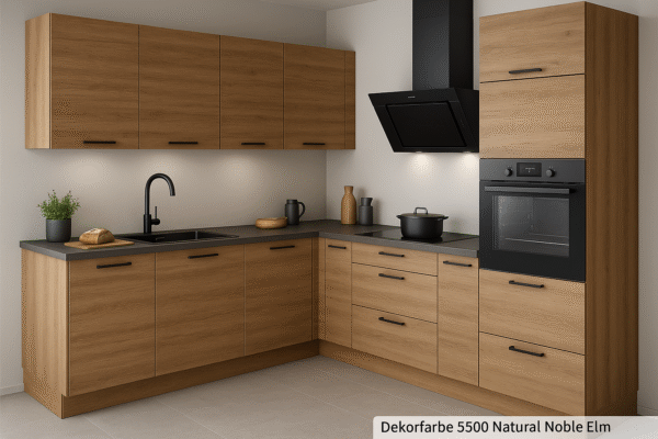 Moderne L-Küche mit matten Fronten in Dekorfarbe 5500 Natural Noble Elm, schwarzer Arbeitsplatte, schwarzem Spülbecken, integriertem Backofen und Dunstabzugshaube – minimalistisch und stilvoll gestaltet.