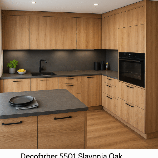 Moderne Küche nach Maß im Jahr 2025 mit Fronten und Boden in der Dekorfarbe 5501 Slavonia Oak, ausgestattet mit mattschwarzen Griffen, dunkler Arbeitsplatte und integrierten Einbaugeräten.