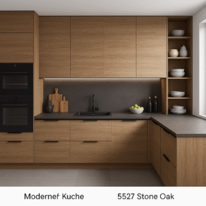 Moderne Einbauküche in U-Form mit grifflosen Fronten im Dekor 5527 Stone Oak. Die warmen Holzoberflächen werden durch eine dunkle Arbeitsplatte und schwarze Einbaugeräte ergänzt. Offene Regalfächer und ein großes Fenster sorgen für ein helles, wohnliches Ambiente.