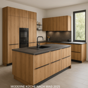 Moderne Küche nach Maß 2025 in Dekorfarbe 5529 Oregon mit grifflosem Design, mattschwarzer Arbeitsplatte, L-förmiger Kücheninsel und hochgebauten Einbaugeräten in einem hellen, minimalistischen Raum.