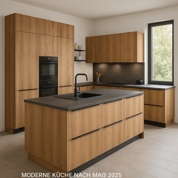 Moderne Küche nach Maß 2025 in Dekorfarbe 5529 Oregon mit grifflosem Design, mattschwarzer Arbeitsplatte, L-förmiger Kücheninsel und hochgebauten Einbaugeräten in einem hellen, minimalistischen Raum.