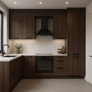 Moderne Einbauküche in L-Form mit Fronten im Dekor 7648 Vintage Wenge, weißen Arbeitsplatten, schwarzem Dunstabzug und integrierten Geräten in einem hellen, minimalistischen Raum mit Tageslichteinfall.