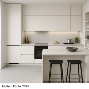Moderne Einbauküche 2025 in der Dekorfarbe 8100 Pearl White mit grifflosen Fronten, heller Arbeitsplatte, integriertem Kochfeld und Backofen, L-Kücheninsel mit zwei schwarzen Barhockern und minimalistischer Raumgestaltung.