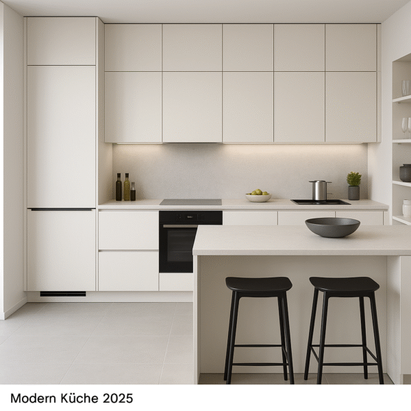 Moderne Einbauküche 2025 in der Dekorfarbe 8100 Pearl White mit grifflosen Fronten, heller Arbeitsplatte, integriertem Kochfeld und Backofen, L-Kücheninsel mit zwei schwarzen Barhockern und minimalistischer Raumgestaltung.