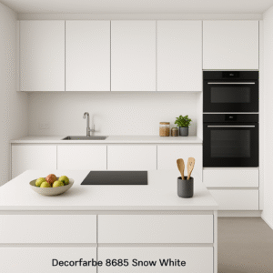 Moderne Küche nach Maß in der Dekorfarbe 8685 Snow White mit grifflosem Design, Kochinsel, weißen Fronten und integrierten Einbaugeräten vor hellen Wänden und Boden.