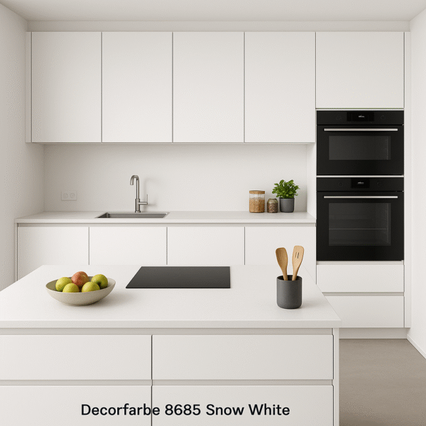 Moderne Küche nach Maß in der Dekorfarbe 8685 Snow White mit grifflosem Design, Kochinsel, weißen Fronten und integrierten Einbaugeräten vor hellen Wänden und Boden.