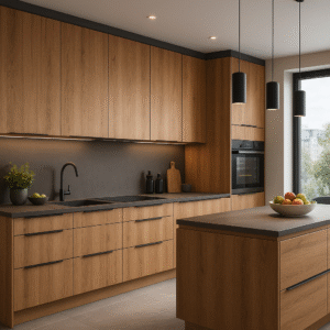 Moderne Küche nach Maß in Dekorfarbe 8921 Ferrara Oak mit L-förmiger Anordnung, grifflosen Fronten in warmem Eichenholz-Look, dunkler Arbeitsplatte und integriertem Backofen, stilvoll beleuchtet durch Pendelleuchten und Tageslicht.