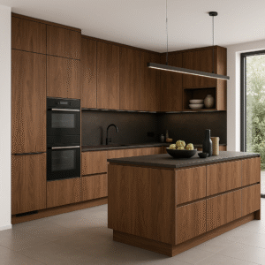 Moderner Küchenraum mit maßgefertigten Fronten in der warmen Holzoptik „8953 Tiepolo Walnut“, ausgestattet mit einer Kücheninsel, schwarzen Einbaugeräten, mattschwarzer Armatur und großen Fensterflächen für viel Tageslicht.