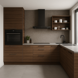 Moderne Einbauküche in L-Form mit Fronten in Dekorfarbe 8995 Coco Bolo, horizontaler Holzmaserung, grauer Arbeitsplatte, schwarzer Armatur und Dunstabzugshaube, großem Fenster und offenem Regal mit Geschirr.