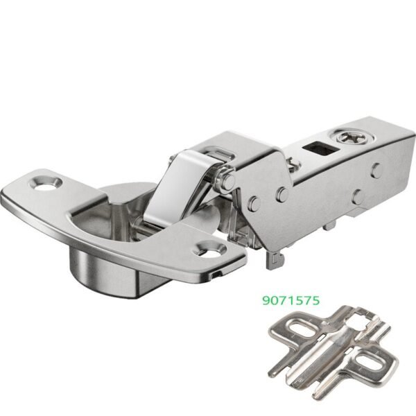 Hettich Sensys 8631i Topfscharnier 9091420 mit 95 Grad Öffnungswinkel, vernickeltes Scharnier für einliegende Möbeltüren, Ansicht von oben mit Topf und Gelenkarm