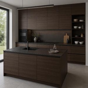 Moderne Küche nach Maß in der eleganten Dekorfarbe 9763 Louisiana Wenge mit dunklen, horizontal gemaserten Fronten, grifflosen Schränken, einer Kücheninsel mit mattschwarzer Arbeitsplatte und offenen Regalen. Die Küche wirkt minimalistisch und hochwertig, mit viel natürlichem Licht durch ein großes Fenster und einer harmonischen Kombination aus dunklem Holz und neutralen Wand- und Bodenfarben.