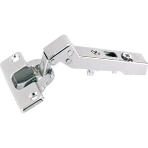 HETTICH Topfscharnier 9044835 9966 mit 95° Öffnungswinkel, vernickelt, für überliegende Möbeltüren, Ansicht von oben mit sichtbarem Topf und Gelenkmechanik
