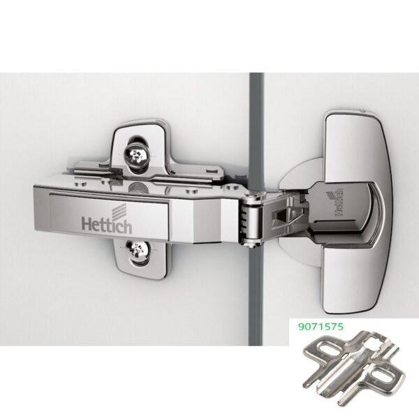 Hettich Sensys 8645i Topfscharnier mit 110 Grad Öffnungswinkel, integrierter Soft-Close-Dämpfung und Press-In-Befestigung – Ansicht von oben in vernickelter Ausführung