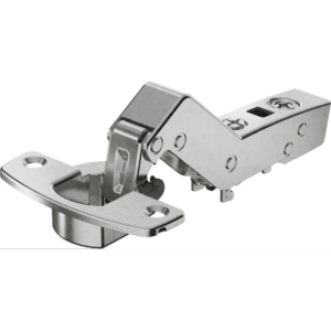 HETTICH Topfscharnier 9088177 Sensys 8669 mit 95° Öffnungswinkel für einliegende Möbeltüren, vernickelt, Ansicht von oben mit sichtbarem Topf und Scharnierarm.