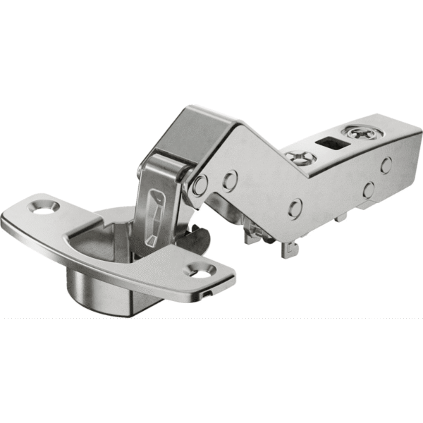 HETTICH Topfscharnier 9088177 Sensys 8669 mit 95° Öffnungswinkel für einliegende Möbeltüren, vernickelt, Ansicht von oben mit sichtbarem Topf und Scharnierarm.