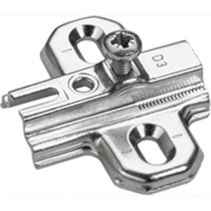 Hettich Kreuzmontageplatte 1079197, vernickelte 0 mm SlideOn-Montageplatte aus Stahl, Draufsicht auf Schraublöcher und flache Scharnieraufnahme.