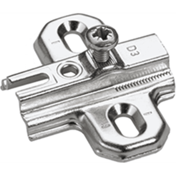 Hettich Kreuzmontageplatte 1079197, vernickelte 0 mm SlideOn-Montageplatte aus Stahl, Draufsicht auf Schraublöcher und flache Scharnieraufnahme.