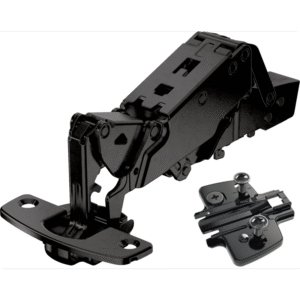 Hettich Topfscharnier Sensys 8657i, Modell 9091767, in Obsidian-Schwarz – geöffnet, 165° Öffnungswinkel, freigestellt vor weißem Hintergrund