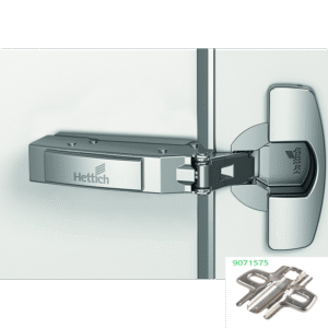 HETTICH Sensys 8646i Topfscharnier 9094306 mit 110° Öffnungswinkel, vernickeltes Möbelscharnier mit integrierter Dämpfung, Ansicht von oben mit Bohrbild und Befestigungsmechanismus für aufliegende Türen