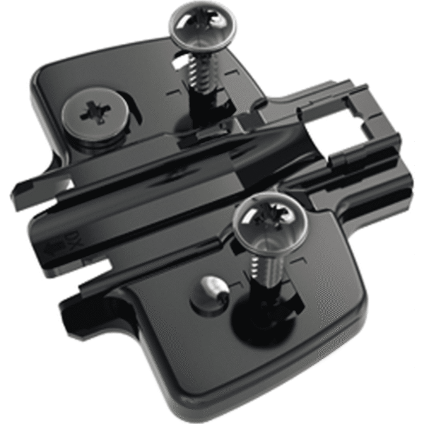 Hettich Winkeladapter 9091814 aus Metall zur Montage von Kreuzmontageplatten 8099 in Ecksituationen – seitliche Ansicht mit Bohrlöchern und Montagefläche