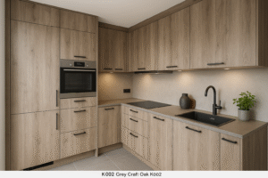 Moderne Einbauküche in U-Form mit Fronten in K002 Grey Craft Oak. Die Küche zeigt eine helle Holzoptik mit natürlicher Maserung, schwarzen Griffleisten, integriertem Backofen, Induktionskochfeld und schwarzer Spüle. Die Oberschränke und Unterschränke verlaufen in klaren Linien und bieten viel Stauraum. Dezente LED-Beleuchtung unter den Hängeschränken und moderne Dekoration runden das Design ab.
