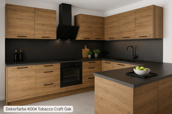Moderne Einbauküche in L-Form mit Fronten in Dekorfarbe K004 Tobacco Craft Oak, schwarzen Griffen und Arbeitsplatten, integriertem Backofen, Kochfeld, schwarzer Dunstabzugshaube sowie Spüle mit Armatur – stilvoll ergänzt durch helle Bodenfliesen, dunkle Rückwand und dezente Dekoration.
