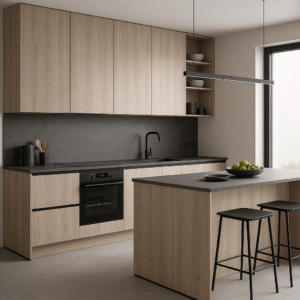 Moderne Einbauküche im Dekor K005 Oyster Urban Oak mit grifflosen Fronten, dunkler Arbeitsplatte, schwarzem Einbauherd und Kochfeld, zentraler Kücheninsel mit Hockern und großem Fenster für Tageslicht.