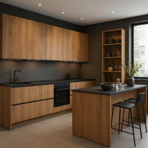 Moderne Küche nach Maß in Dekorfarbe K006 Amber Urban Oak mit grifflose Fronten, schwarzer Arbeitsplatte, Kücheninsel und offenem Regal, vor dunkler Wand mit großem Fenster