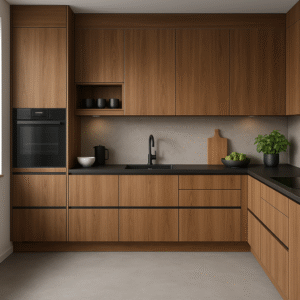 Moderne Einbauküche nach Maß in der Dekorfarbe K008 Light Select Walnut mit grifflosen Fronten, dunkler Arbeitsplatte, schwarzer Spüle und integriertem Backofen; stilvoll eingerichteter Raum mit minimalistischer Gestaltung und natürlichen Holztönen.