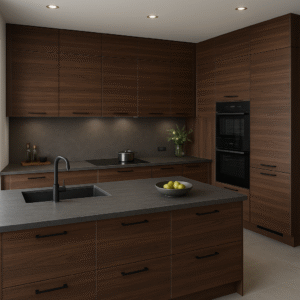 Ein moderner Küchenraum mit maßgefertigten Fronten in der Dekorfarbe K009 Dark Select Walnut. Die Küche verfügt über grifflose Schränke in dunkler Walnussoptik, eine große Kücheninsel mit grauer Stein-Arbeitsplatte, ein integriertes Spülbecken mit schwarzer Armatur sowie eingebaute Elektrogeräte. Die klare Linienführung und die warme Holzoptik schaffen ein elegantes, zeitloses Design im Jahr 2025.