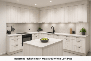 Moderne maßgefertigte Küche im Dekor K010 White Loft Pine mit U-Form, zentraler Kochinsel, schwarzen Griffen und Geräten, heller Holzoptik und minimalistischer Gestaltung.