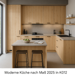 Moderne Einbauküche 2025 in K012 Pearl Artisan Beech mit grifflosen Fronten, grauer Arbeitsplatte, Kochinsel mit Barhockern, mattschwarzer Armatur und integrierten Geräten in minimalistischem Design.