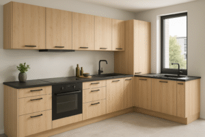 Moderne Küche nach Maß im Dekor K013 Sand Artisan Beech mit L-förmigem Grundriss, schwarzen Griffen, schwarzer Arbeitsplatte und eingebauten Elektrogeräten – stilvoll, hell und funktional eingerichtet mit natürlichem Lichteinfall durch ein großes Fenster.