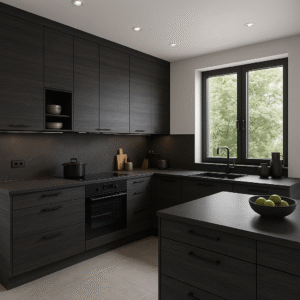 Moderne L-Küche in dunklem Holzdekor K016 Carbon Marine Wood mit mattschwarzen Griffen, schwarzen Arbeitsplatten und integrierten Elektrogeräten. Großes Fenster mit Blick ins Grüne sorgt für Tageslicht. Zeitgemäßes, minimalistisches Design.